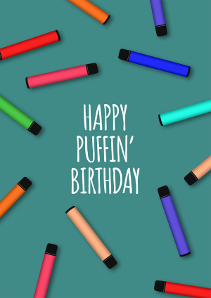 birthday card with flying disposable elf bar vapes, perfect for the smoker! happy puffing birthday