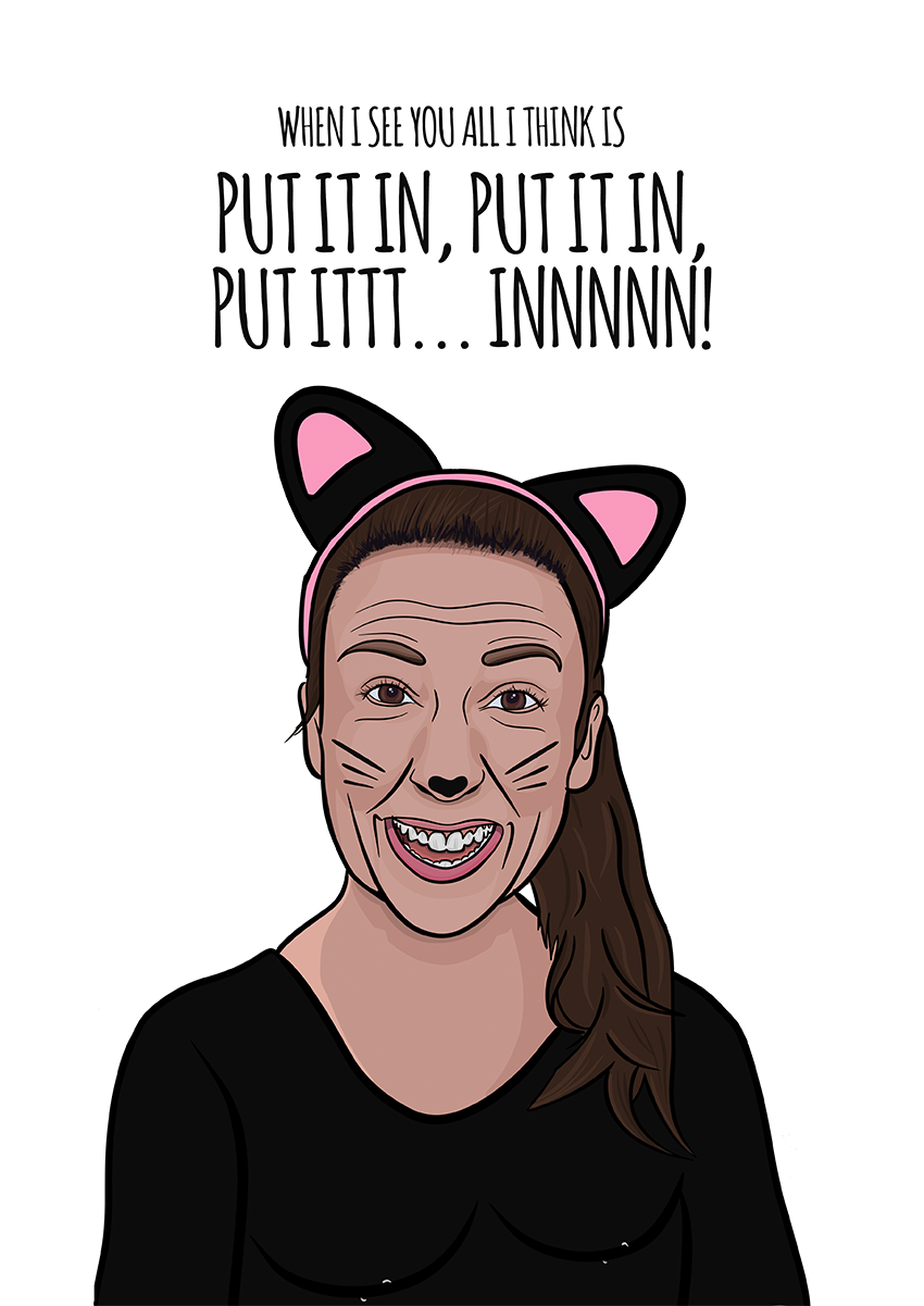Goofcat Greetings - Naughty Ms Rachel naughty Ms Rachel in cat suit card with nipple piercings great for parents for all occassions