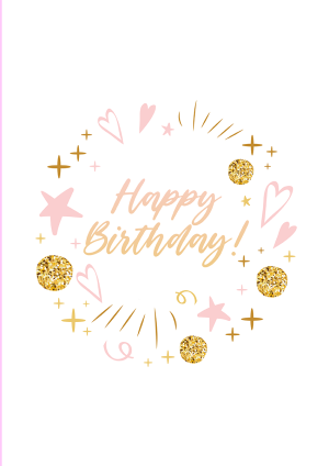 cute gold and pink birthday card with love hearts, swirls and stars