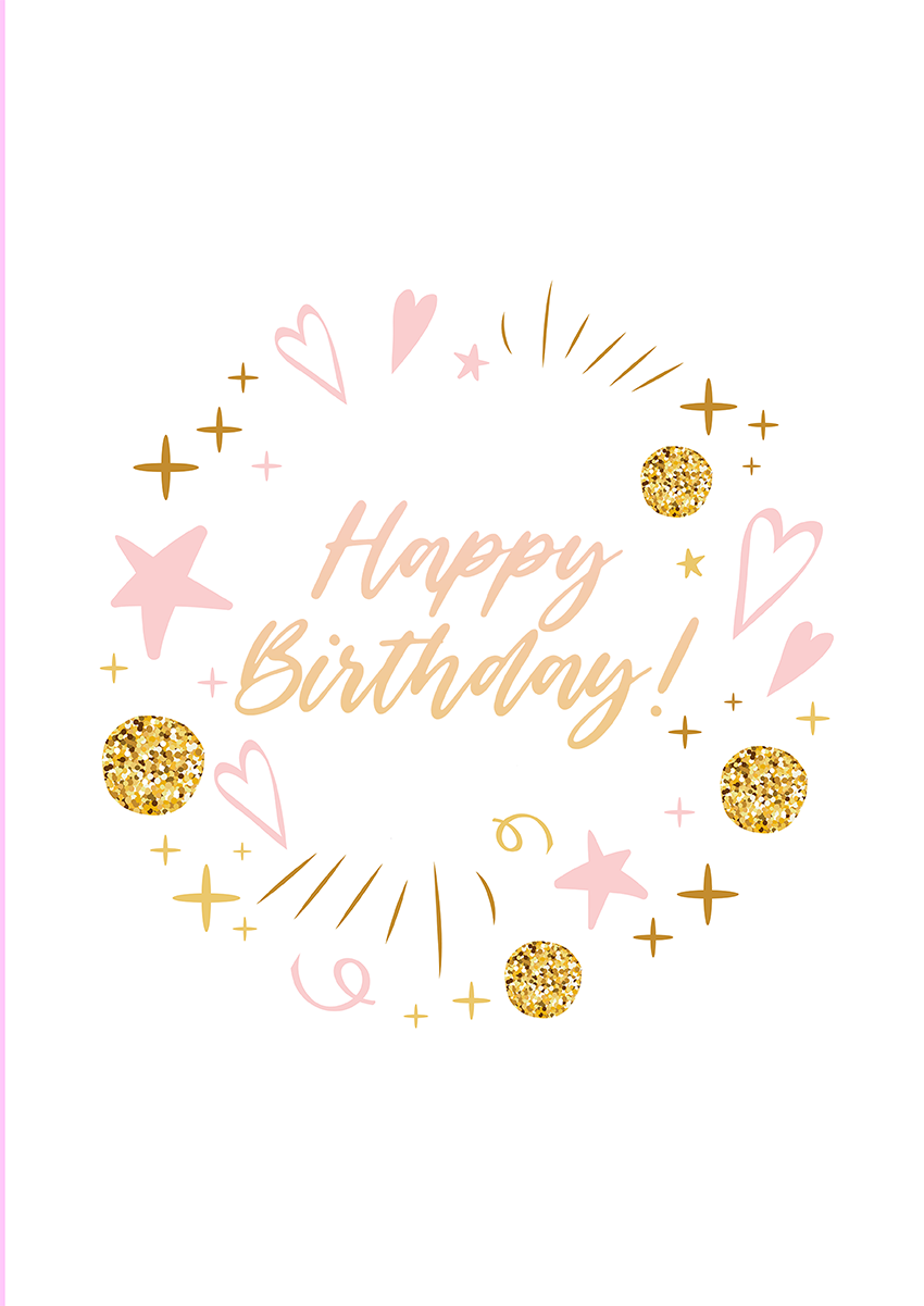 Goofcat Greetings - Glittery Birthday cute gold and pink birthday card with love hearts, swirls and stars