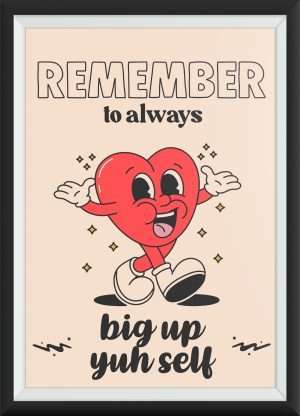 Jamaican patois big up yuh self print motivational print with cartoon love heart throwing peace signs
