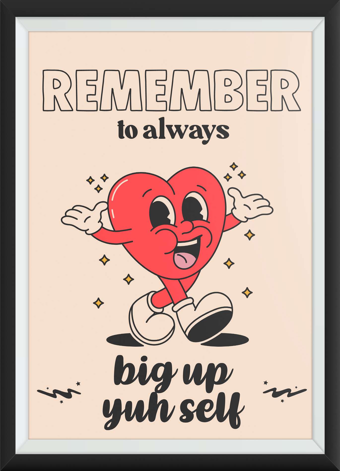 Jamaican patois big up yuh self print motivational print with cartoon love heart throwing peace signs