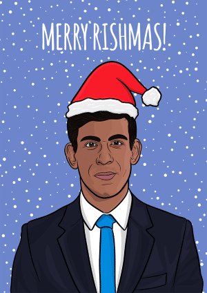 Rishi Sunak christmas card with illustrated Rishi Sunak wearing a santa hat